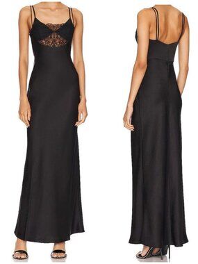 Free People Bec & Bridge Scarlett Satin Lace Maxi Dress Sz 10 Black Formal NWT